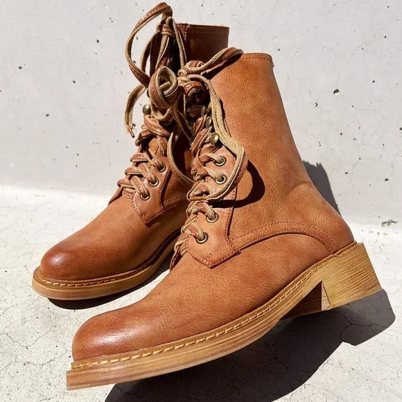 BEAST FASHION Tan Leather Combat Boots - Picture 10 of 13